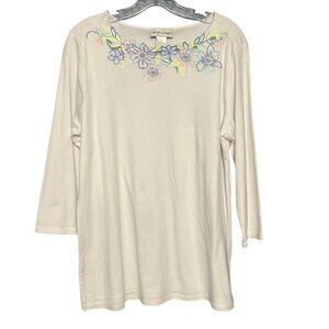 Drapers & Damons Womens Floral Embroidered Tunic Top L 3/4 Sleeve White